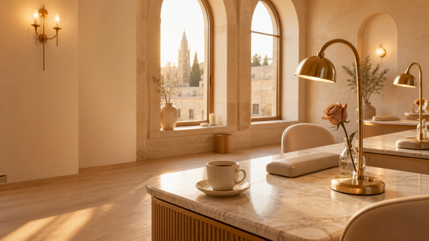 A quiet interior of Soul Beauty & Spa in Central Jerusalem — cream walls, warm light, single manicure station